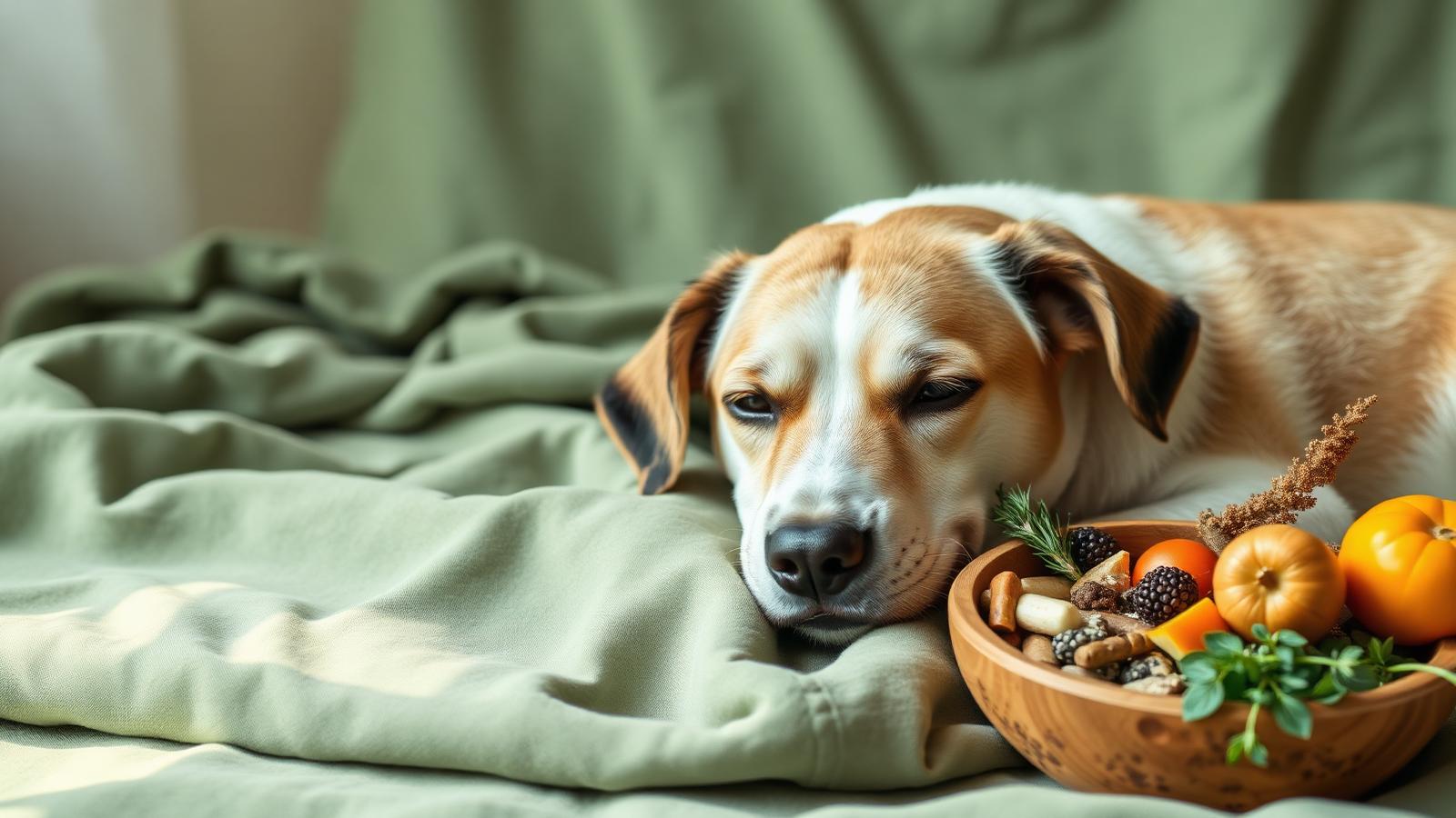 Fresh whole-food ingredients — vegetables, herbs, and proteins arranged for canine nutrition