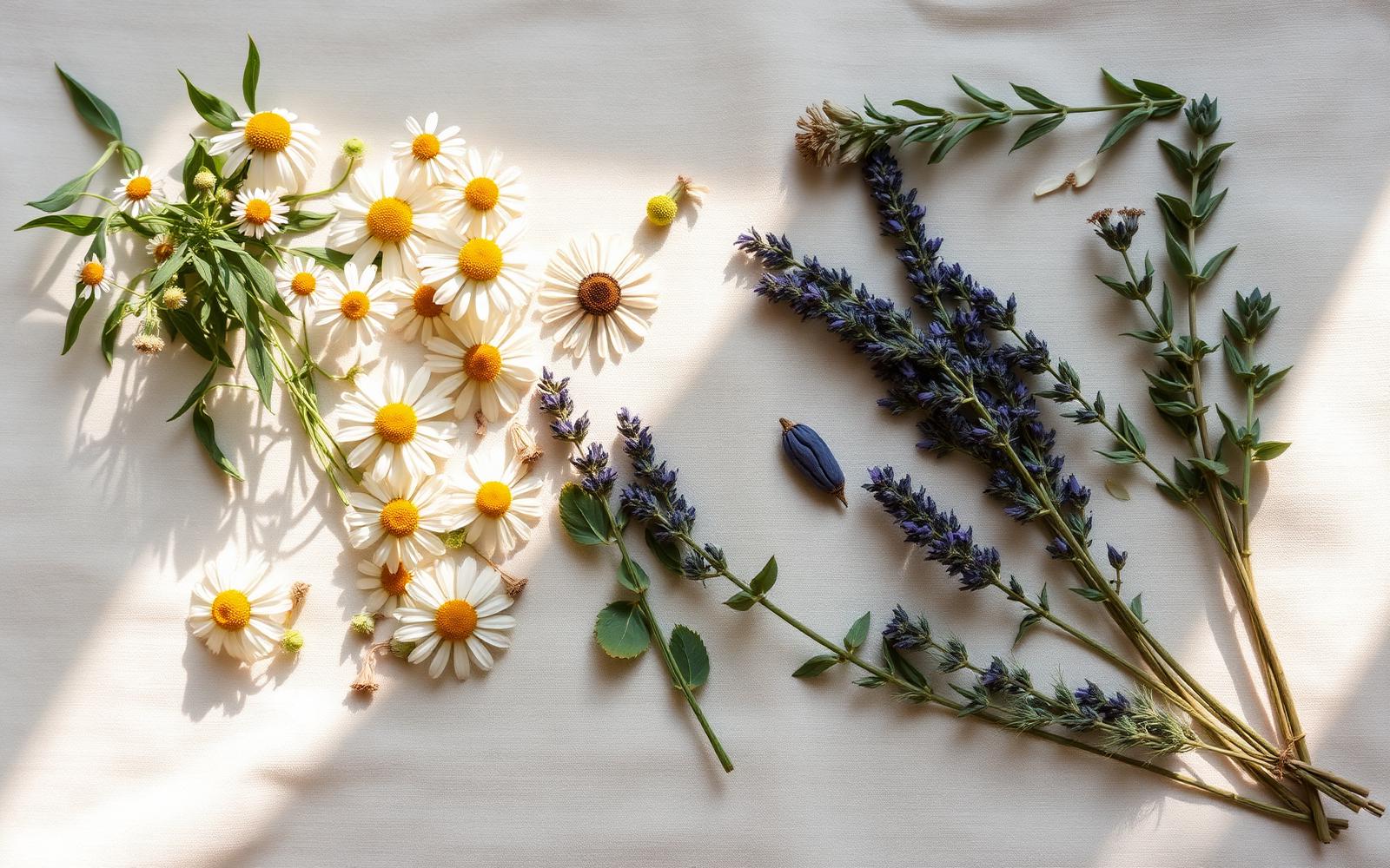Chamomile, lavender, and calming herbs arranged softly on cream linen — natural botanical wellness